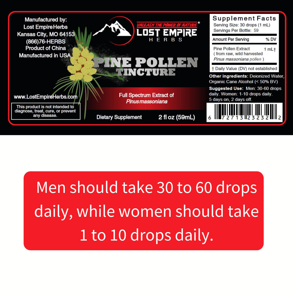 Lost Empire Herbs Pine Pollen Tincture packaging on a clean surface.