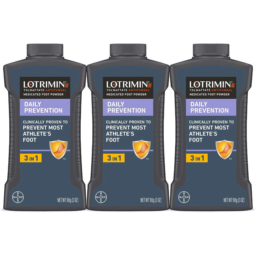 Lotrimin AF Daily Prevention powder bottle promoting dry feet and odor control