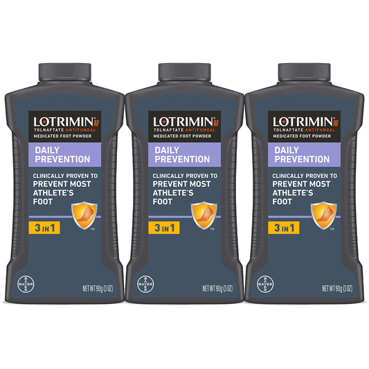 Lotrimin AF Daily Prevention powder bottle promoting dry feet and odor control