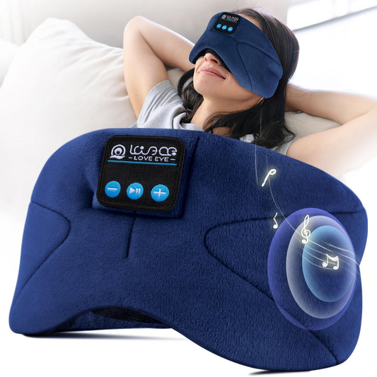 LOVE EYE Sleep Headphones worn for wireless Bluetooth 5.4 music and blackout comfort.