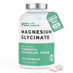 Love Life Supplements magnesium bisglycinate bottle shows high bioavailability for daily support.
