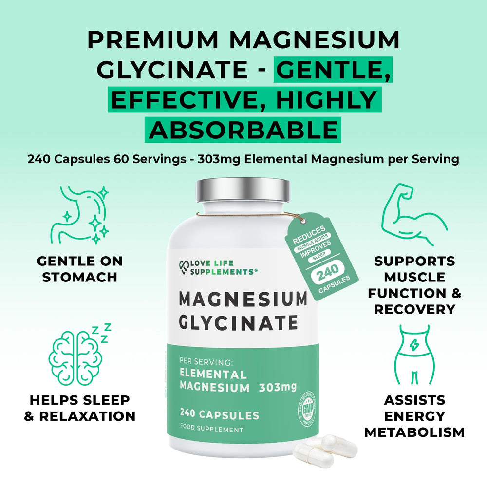 Love Life Supplements magnesium bisglycinate pour emphasizes easy dosing and fast absorption.