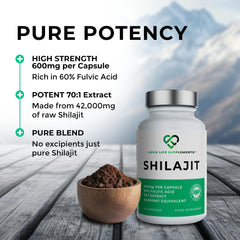 Love Life Shilajit capsules on amber bottle shelf.