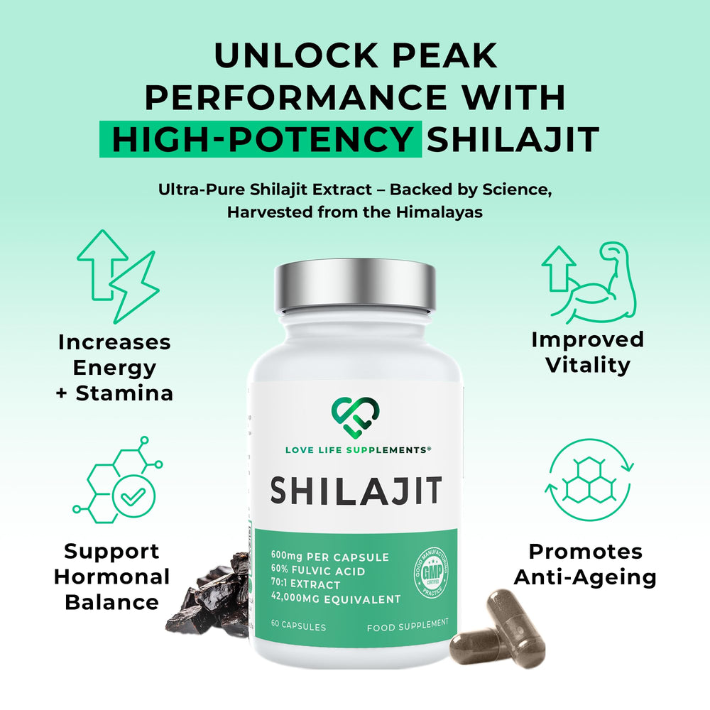 Love Life Shilajit capsules close-up label shows pure, filler-free formula.