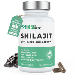 Love Life Shilajit capsules pack shot for daily stamina support.
