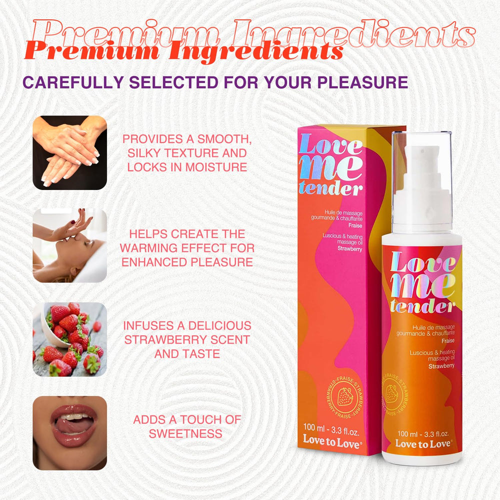 Love Me Tender packaging label — premium vegan massage oil for couples.