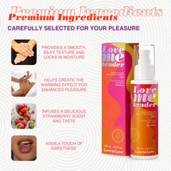 Love Me Tender packaging label — premium vegan massage oil for couples.