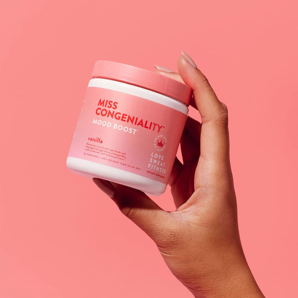 Love Sweat Fitness Mood Boost Powder vanilla packaging with label emphasizes vegan and non-GMO qualities