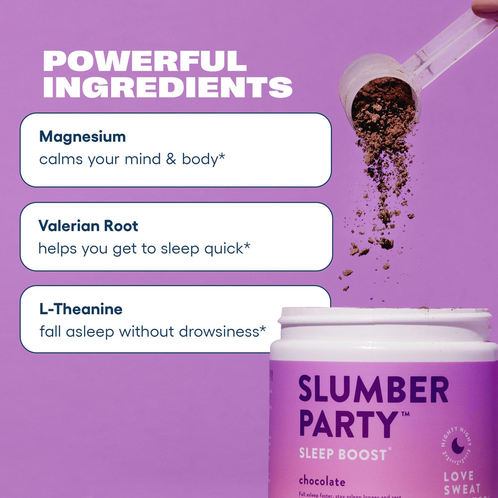 Love Sweat Fitness Sleep Boost glass with milk suggests a smooth bedtime beverage.