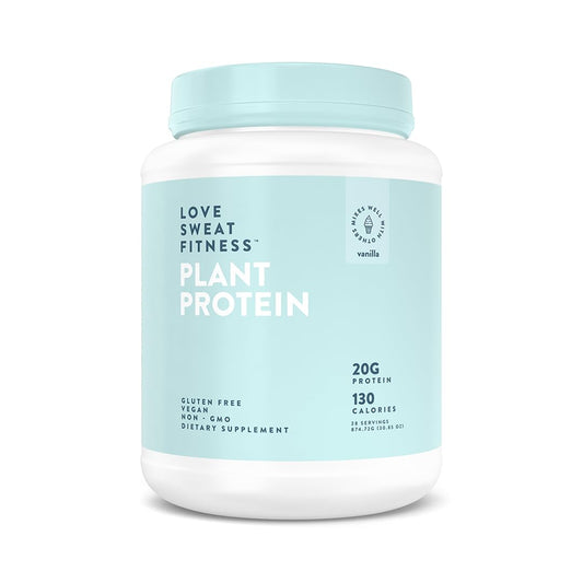 Love Sweat Fitness vanilla protein powder jar shows clean, sugar free nutrition for daily support.