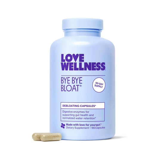 Love Wellness Bye Bye Bloat bottle on a kitchen counter for post-meal comfort