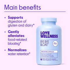 Close-up of Love Wellness Bye Bye Bloat capsules ready to swallow after meals