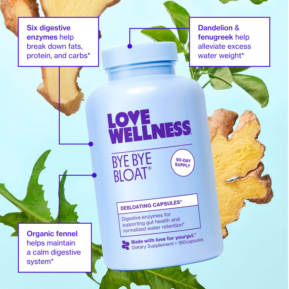 Love Wellness Bye Bye Bloat label close-up highlighting its organic ingredients