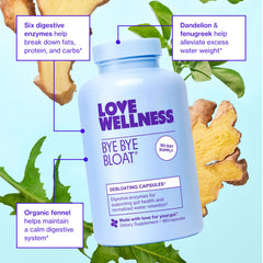 Love Wellness Bye Bye Bloat label close-up highlighting its organic ingredients