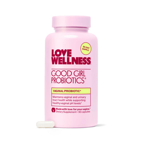 Love Wellness Good Girl Probiotics bottle cap close-up for daily balance.