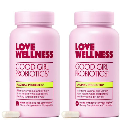 Love Wellness Good Girl Probiotics bottle showing 9 strains for vaginal balance and immune support.