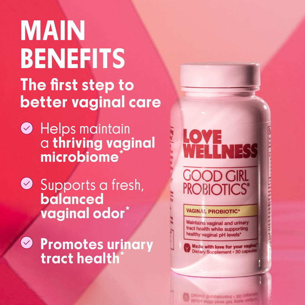 Love Wellness Good Girl Probiotics capsule, vegan daily use for vaginal health.