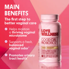Love Wellness Good Girl Probiotics capsule, vegan daily use for vaginal health.