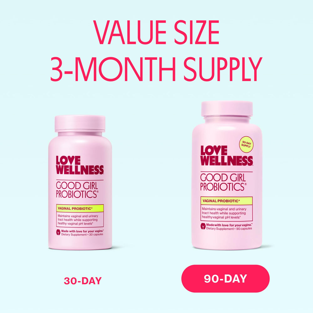 Love Wellness Good Girl Probiotics ingredients label shows 9 strains for microbiome balance.