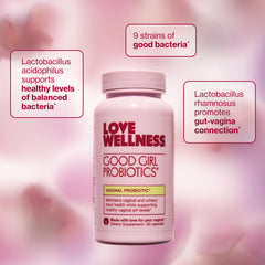 Good Girl Probiotics label highlighting gluten-free, dairy-free, sugar-free formulation.