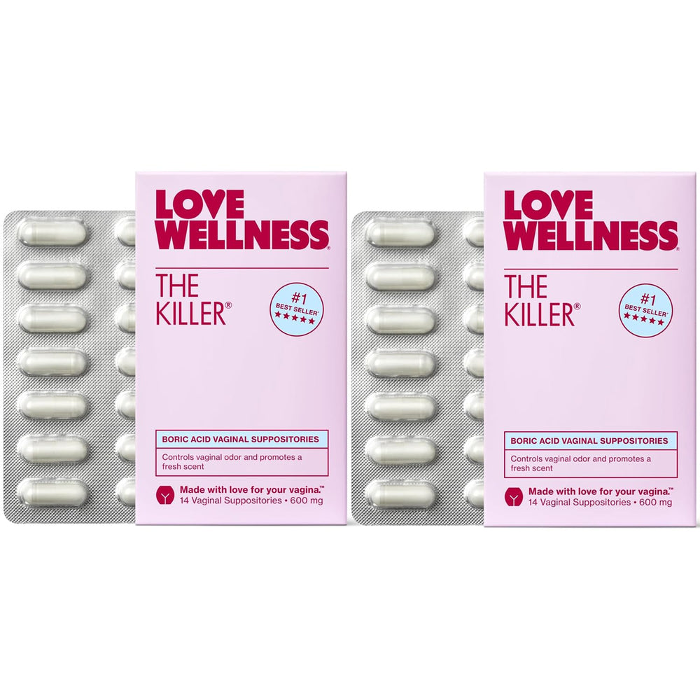 Love Wellness The Killer 28 count box visible on shelf for discreet routine use