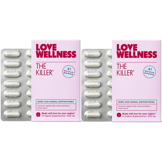 Love Wellness The Killer 28 count box visible on shelf for discreet routine use