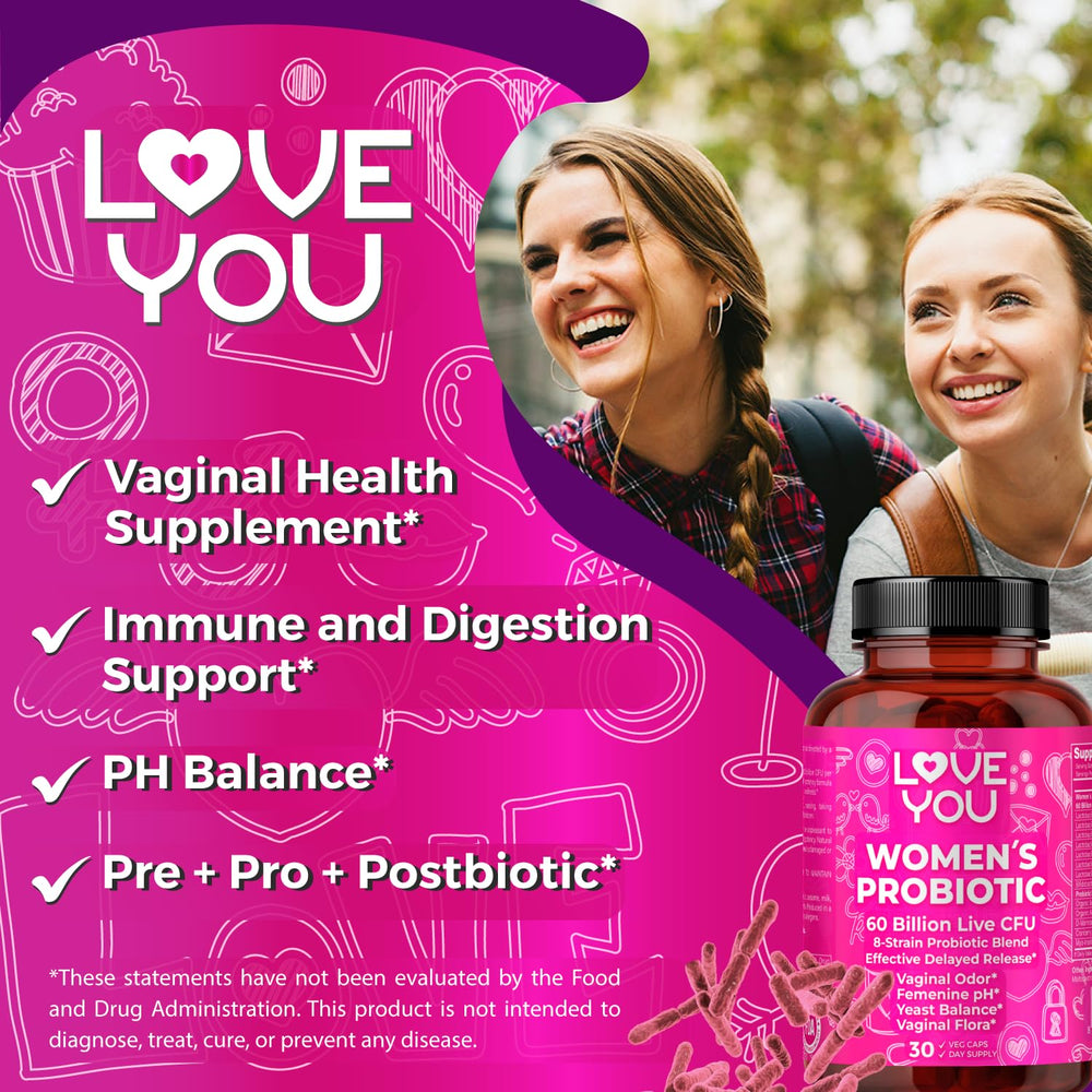 Love You Womens Probiotic capsules close-up for easy daily use and digestive balance.