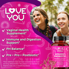 Love You Womens Probiotic capsules close-up for easy daily use and digestive balance.