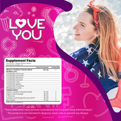 Love You Womens Probiotic label highlights eight strains and vegan ingredients.