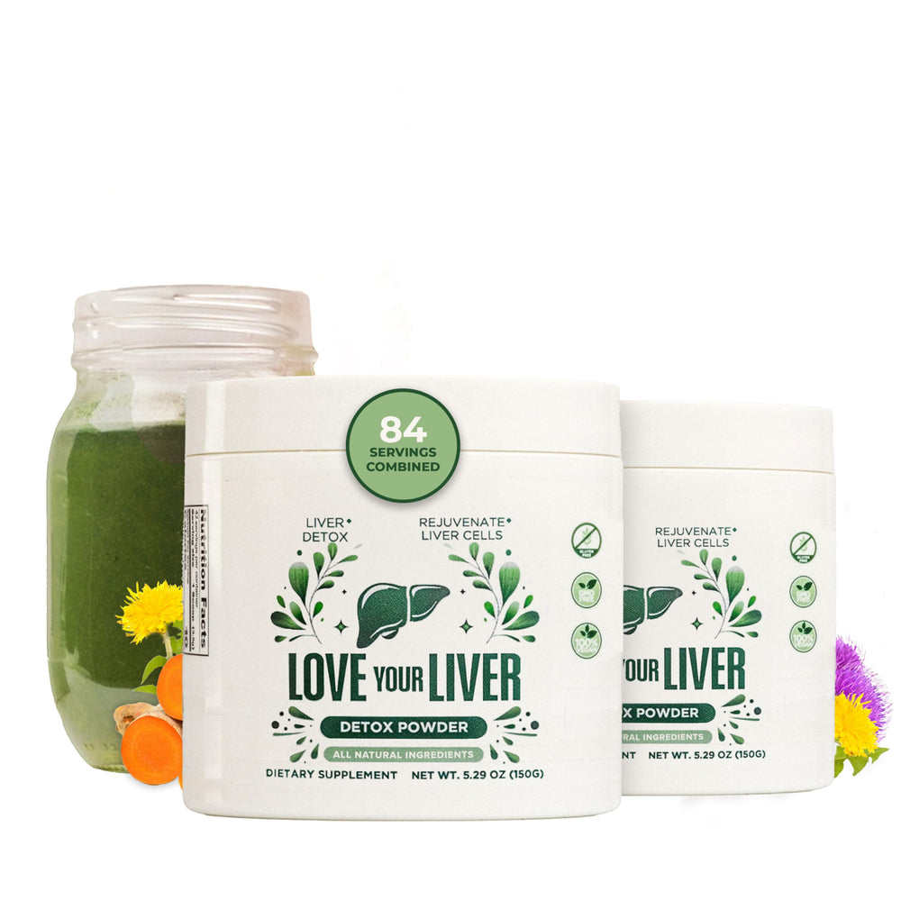 Love Your Liver Detox Cleanse Powder bottle on counter for daily liver support.