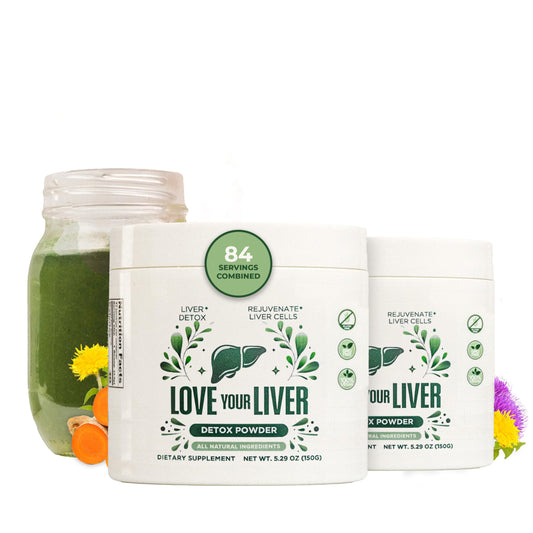 Love Your Liver Detox Cleanse Powder bottle on counter for daily liver support.