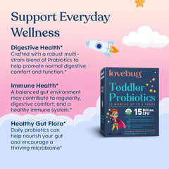 LOVEBUG 60-pack packaging highlights toddler probiotic with prebiotic fiber.