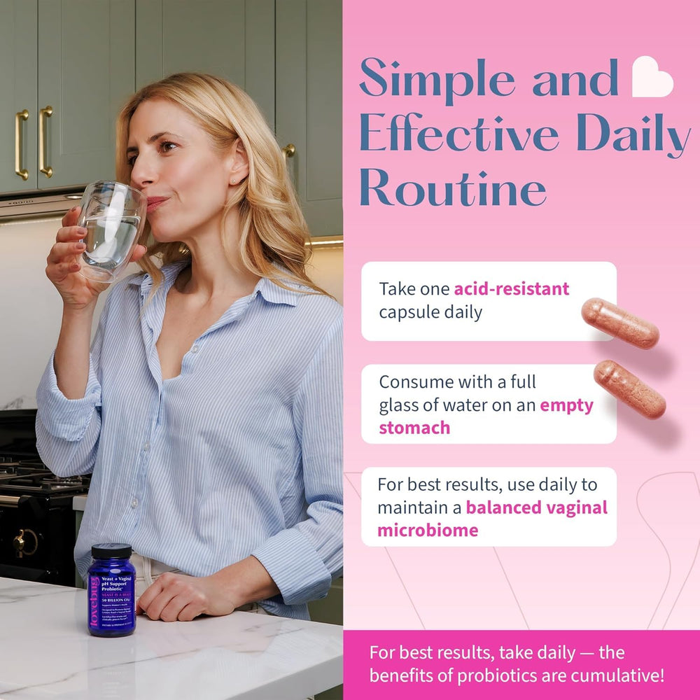 Lovebug capsules with glass of water illustrate easy, proactive feminine care.