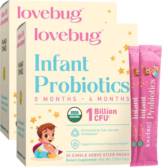 LOVEBUG Infant Probiotics single-serve sticks for easy daily dosing with babies
