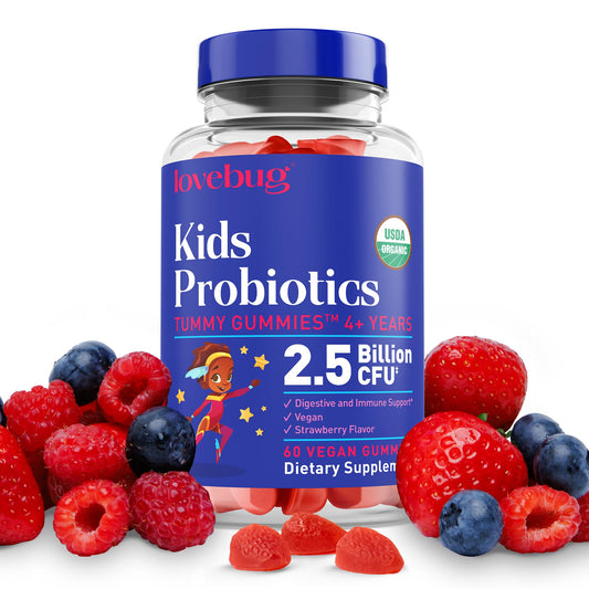 LOVEBUG Kids Probiotic Gummies bottle showing daily gut support.