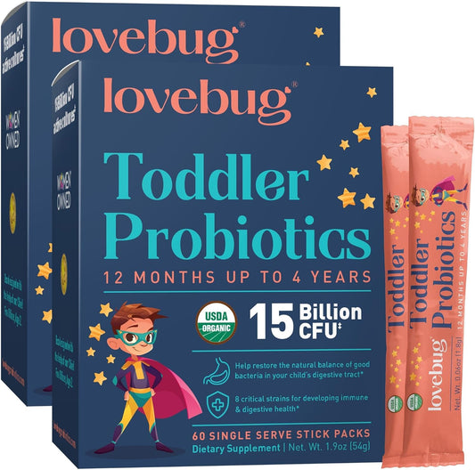 LOVEBUG Kids Probiotic Powder bottle supports toddler digestion.