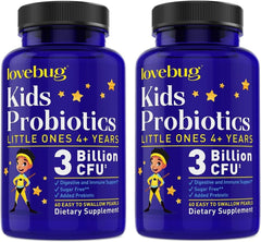 LOVEBUG Kids Probiotics bottle with pearls for daily digestive support.