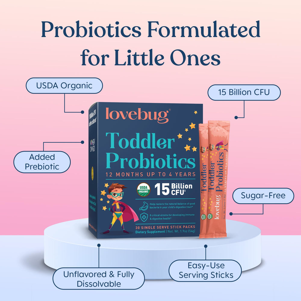 LOVEBUG organic toddler probiotic packaging for a clean, family-friendly routine.