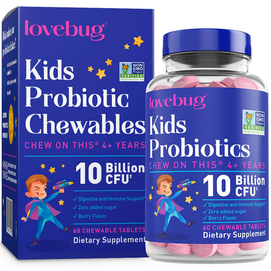 Lovebug Probiotics for Kids bottle with kid-friendly design for daily gut support.