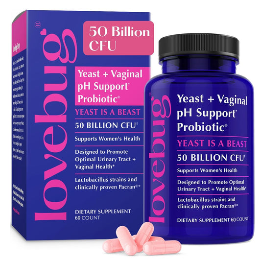 Lovebug yeast and vaginal probiotics bottle supports daily vaginal balance and urinary comfort.