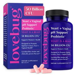 Lovebug yeast and vaginal probiotics bottle supports daily vaginal balance and urinary comfort.