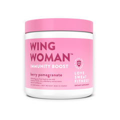 Love Sweat Fitness Immunity Boost Powder bottle label shows vegan, non-GMO formula.