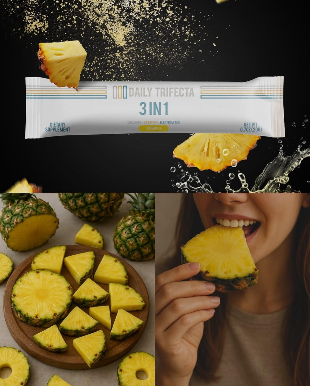 Prepared Daily Trifecta drink in a glass showing refreshing pineapple flavor