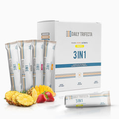 Lovie Style Daily Trifecta pineapple stick pack beside water for daily hydration and recovery