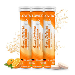 LOVITA 4-in-1 Defense orange effervescent tablet dissolving in water for a refreshing immune-support drink