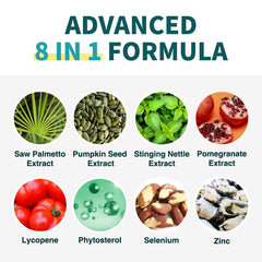 Label highlights 8-in-1 ingredients including saw palmetto and nettle
