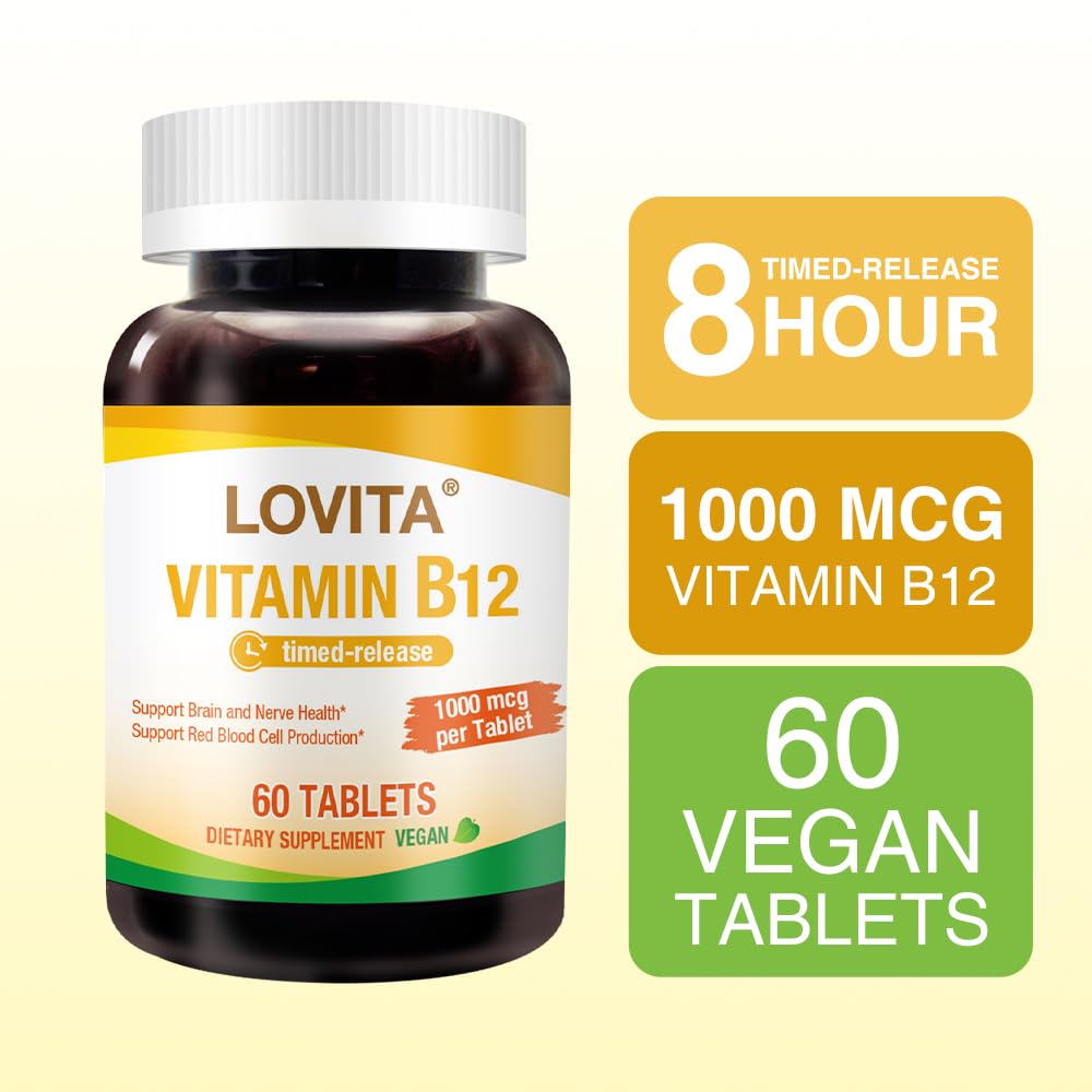 Lovita B12 bottle shows 1000 mcg dosage for daily support.