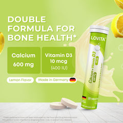 Lovita calcium-d3 lemon tablets dissolving in water for easy daily intake
