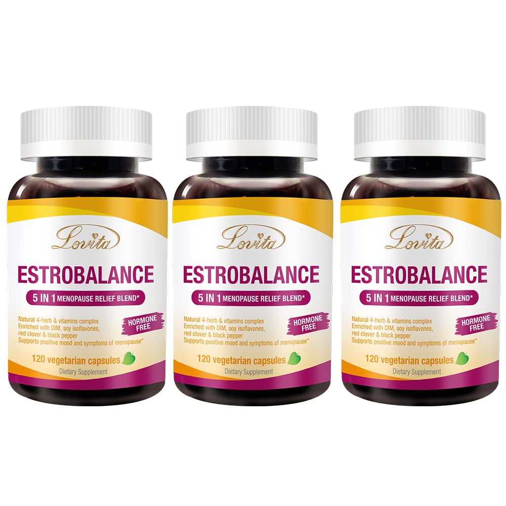 Lovita Estrobalance bottle front showing the menopause support container