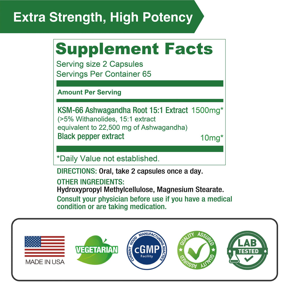 Lovita KSM-66 Ashwagandha bottle side highlighting energy potential